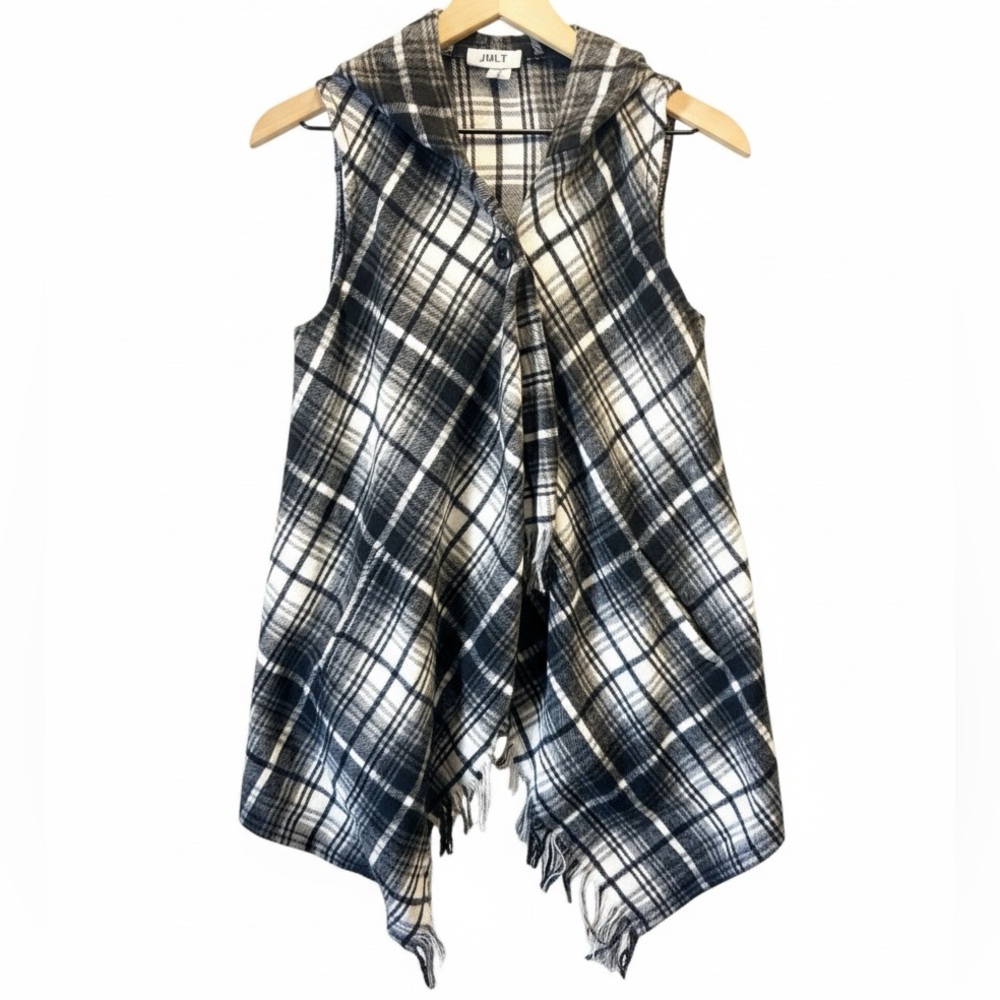 Jolt Vest Gray and Black Plaid Waterfall Draped Hooded Cardigan Small